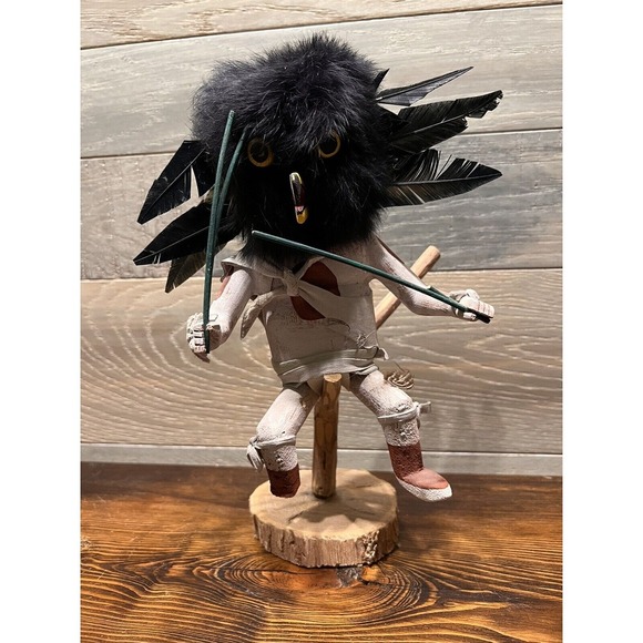 Kachina Doll Owl Bird Native American On PerchFur Feather Signed Lonewolf READ